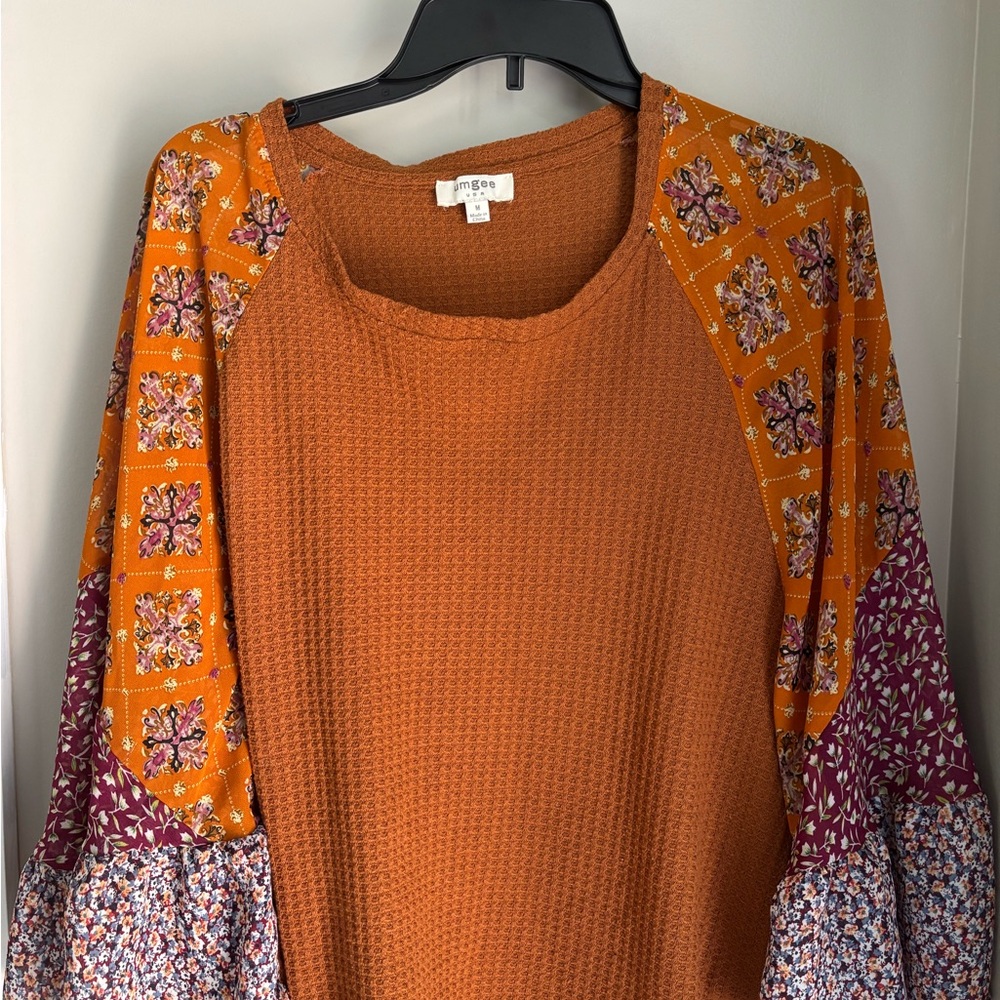 Umgee Orange Ribbed Long Sleeve Blouse